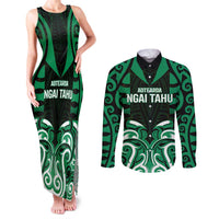 Custom Aotearoa Ngai Tahu Couples Matching Tank Maxi Dress and Long Sleeve Button Shirt Maori Pattern New Zealand DT05 Green - Polynesian Pride