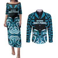 Custom Aotearoa Ngati Porou Couples Matching Puletasi and Long Sleeve Button Shirt Maori Pattern New Zealand DT05 Blue - Polynesian Pride