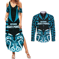 Custom Aotearoa Ngati Porou Couples Matching Summer Maxi Dress and Long Sleeve Button Shirt Maori Pattern New Zealand DT05 Blue - Polynesian Pride
