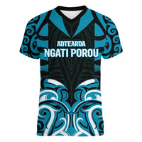 Custom Aotearoa Ngati Porou Women V-Neck T-Shirt Maori Pattern New Zealand DT05 Female Blue - Polynesian Pride