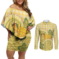 Hawaii Palaka Couples Matching Off Shoulder Short Dress and Long Sleeve Button Shirt Cute Ripe Mango Turtle On The Waves