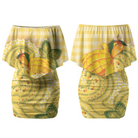 Hawaii Palaka Couples Matching Off Shoulder Short Dress and Long Sleeve Button Shirt Cute Ripe Mango Turtle On The Waves