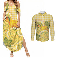 Hawaii Palaka Couples Matching Summer Maxi Dress and Long Sleeve Button Shirt Cute Ripe Mango Turtle On The Waves