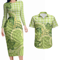 Hawaii Palaka Couples Matching Long Sleeve Bodycon Dress and Hawaiian Shirt Cute Green Mango Turtle On The Waves