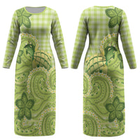 Hawaii Palaka Couples Matching Long Sleeve Bodycon Dress and Hawaiian Shirt Cute Green Mango Turtle On The Waves