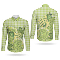 Hawaii Palaka Couples Matching Off The Shoulder Long Sleeve Dress and Long Sleeve Button Shirt Cute Green Mango Turtle On The Waves