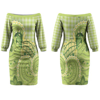 Hawaii Palaka Couples Matching Off The Shoulder Long Sleeve Dress and Long Sleeve Button Shirt Cute Green Mango Turtle On The Waves