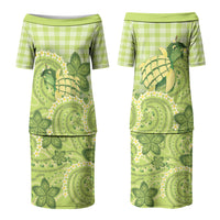 Hawaii Palaka Couples Matching Puletasi and Long Sleeve Button Shirt Cute Green Mango Turtle On The Waves