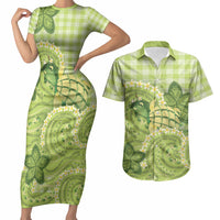 Hawaii Palaka Couples Matching Short Sleeve Bodycon Dress and Hawaiian Shirt Cute Green Mango Turtle On The Waves