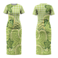 Hawaii Palaka Couples Matching Short Sleeve Bodycon Dress and Hawaiian Shirt Cute Green Mango Turtle On The Waves
