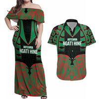 Custom Aotearoa Ngati Hine Couples Matching Off Shoulder Maxi Dress and Hawaiian Shirt Maori Pattern New Zealand - Polynesian Pride