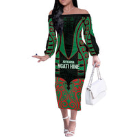 Custom Aotearoa Ngati Hine Off The Shoulder Long Sleeve Dress Maori Pattern New Zealand DT05 Women Green - Polynesian Pride