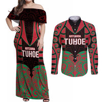 Custom Aotearoa Tuhoe Couples Matching Off Shoulder Maxi Dress and Long Sleeve Button Shirt Maori Pattern New Zealand - Polynesian Pride