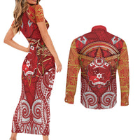 Tonga King's Birthday Couples Matching Short Sleeve Bodycon Dress and Long Sleeve Button Shirt Gold Royal Crown Tribal Patterns