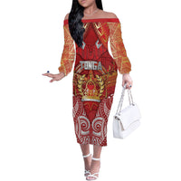 Tonga King's Birthday Family Matching Off The Shoulder Long Sleeve Dress and Hawaiian Shirt Gold Royal Crown Tribal Patterns DT05 Mom's Dress Red - Polynesian Pride