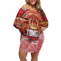 Tonga King's Birthday Family Matching Off Shoulder Short Dress and Hawaiian Shirt Gold Royal Crown Tribal Patterns DT05 Mom's Dress Red - Polynesian Pride