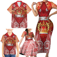 Tonga King's Birthday Family Matching Short Sleeve Bodycon Dress and Hawaiian Shirt Gold Royal Crown Tribal Patterns DT05 - Polynesian Pride