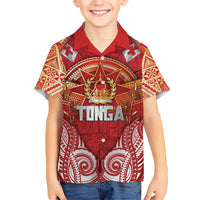 Tonga King's Birthday Family Matching Tank Maxi Dress and Hawaiian Shirt Gold Royal Crown Tribal Patterns DT05 Son's Shirt Red - Polynesian Pride
