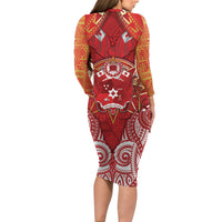 Tonga King's Birthday Long Sleeve Bodycon Dress Gold Royal Crown Tribal Patterns