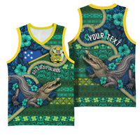 Personalised Solomon Islands Independence Day Basketball Jersey Crocodile Hibiscus Tribal Pattern DT05 - Polynesian Pride