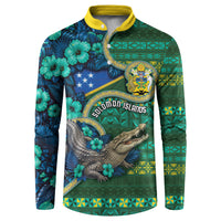 Personalised Solomon Islands Independence Day Button Sweatshirt Crocodile Hibiscus Tribal Pattern DT05 Green - Polynesian Pride