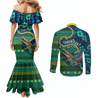 Personalised Solomon Islands Independence Day Couples Matching Mermaid Dress and Long Sleeve Button Shirt Crocodile Hibiscus Tribal Pattern DT05 - Polynesian Pride