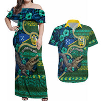 Personalised Solomon Islands Independence Day Couples Matching Off Shoulder Maxi Dress and Hawaiian Shirt Crocodile Hibiscus Tribal Pattern DT05 Green - Polynesian Pride