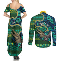 Personalised Solomon Islands Independence Day Couples Matching Summer Maxi Dress and Long Sleeve Button Shirt Crocodile Hibiscus Tribal Pattern DT05 - Polynesian Pride
