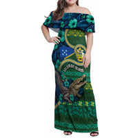 Personalised Solomon Islands Independence Day Family Matching Off Shoulder Maxi Dress and Hawaiian Shirt Crocodile Hibiscus Tribal Pattern DT05 Mom's Dress Green - Polynesian Pride