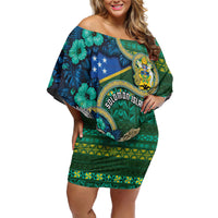 Personalised Solomon Islands Independence Day Family Matching Off Shoulder Short Dress and Hawaiian Shirt Crocodile Hibiscus Tribal Pattern DT05 Mom's Dress Green - Polynesian Pride