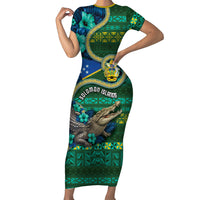 Personalised Solomon Islands Independence Day Family Matching Short Sleeve Bodycon Dress and Hawaiian Shirt Crocodile Hibiscus Tribal Pattern DT05 Mom's Dress Green - Polynesian Pride