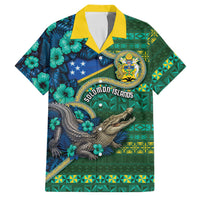Personalised Solomon Islands Independence Day Family Matching Tank Maxi Dress and Hawaiian Shirt Crocodile Hibiscus Tribal Pattern DT05 Dad's Shirt - Short Sleeve Green - Polynesian Pride