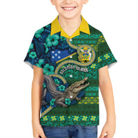 Personalised Solomon Islands Independence Day Family Matching Tank Maxi Dress and Hawaiian Shirt Crocodile Hibiscus Tribal Pattern DT05 Son's Shirt Green - Polynesian Pride