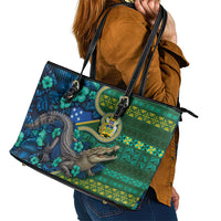 Solomon Islands Independence Day Leather Tote Bag Crocodile Hibiscus Tribal Pattern DT05 - Polynesian Pride