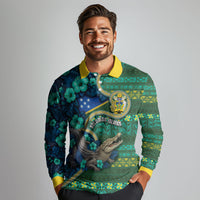 Personalised Solomon Islands Independence Day Long Sleeve Polo Shirt Crocodile Hibiscus Tribal Pattern DT05 - Polynesian Pride