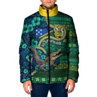 Personalised Solomon Islands Independence Day Padded Jacket Crocodile Hibiscus Tribal Pattern DT05 Men Green - Polynesian Pride