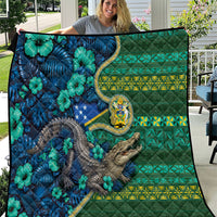 Solomon Islands Independence Day Quilt Crocodile Hibiscus Tribal Pattern DT05 Green - Polynesian Pride
