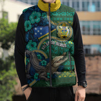 Personalised Solomon Islands Independence Day Sleeveless Puffer Jacket Crocodile Hibiscus Tribal Pattern DT05 - Polynesian Pride