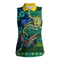 Personalised Solomon Islands Independence Day Women Sleeveless Polo Shirt Crocodile Hibiscus Tribal Pattern DT05 Female Green - Polynesian Pride