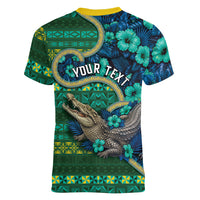 Personalised Solomon Islands Independence Day Women V-Neck T-Shirt Crocodile Hibiscus Tribal Pattern DT05 - Polynesian Pride