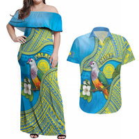 Personalised Palau Biib Bird Couples Matching Off Shoulder Maxi Dress and Hawaiian Shirt Rur Flower And Rock Islands Patterns