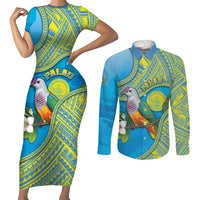 Personalised Palau Biib Bird Couples Matching Short Sleeve Bodycon Dress and Long Sleeve Button Shirt Rur Flower And Rock Islands Patterns
