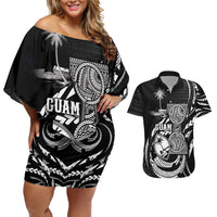 Personalised Guam Liberation Day Couples Matching Off Shoulder Short Dress and Hawaiian Shirt Black White Latte Stone Tribal Patterns