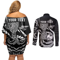Personalised Guam Liberation Day Couples Matching Off Shoulder Short Dress and Long Sleeve Button Shirt Black White Latte Stone Tribal Patterns