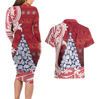 American Samoa Christmas Couples Matching Long Sleeve Bodycon Dress and Hawaiian Shirt Seashell Xmas Tree Tribal Waves - Polynesian Pride