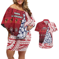 American Samoa Christmas Couples Matching Off Shoulder Short Dress and Hawaiian Shirt Seashell Xmas Tree Tribal Waves DT05 Red - Polynesian Pride