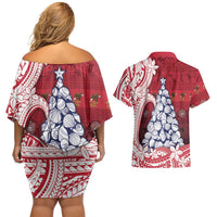 American Samoa Christmas Couples Matching Off Shoulder Short Dress and Hawaiian Shirt Seashell Xmas Tree Tribal Waves DT05 - Polynesian Pride