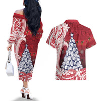 American Samoa Christmas Couples Matching Off The Shoulder Long Sleeve Dress and Hawaiian Shirt Seashell Xmas Tree Tribal Waves DT05 - Polynesian Pride