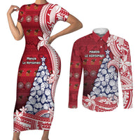 American Samoa Christmas Couples Matching Short Sleeve Bodycon Dress and Long Sleeve Button Shirt Seashell Xmas Tree Tribal Waves DT05 Red - Polynesian Pride