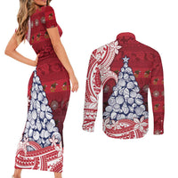 American Samoa Christmas Couples Matching Short Sleeve Bodycon Dress and Long Sleeve Button Shirt Seashell Xmas Tree Tribal Waves DT05 - Polynesian Pride